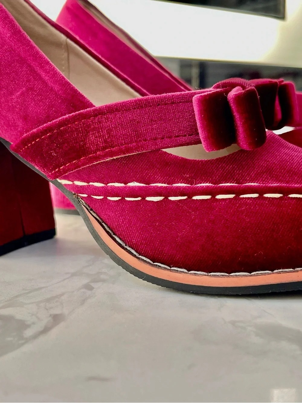 Velvet Mary Jane Pumps with Bow in Wine Pink